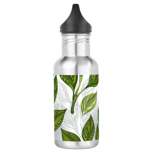 Naadloos patroon met groene theelbladeren waterfles  (Links)