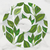 Naadloos patroon met groene theelbladeren wijnglaslabel (Voorkant)