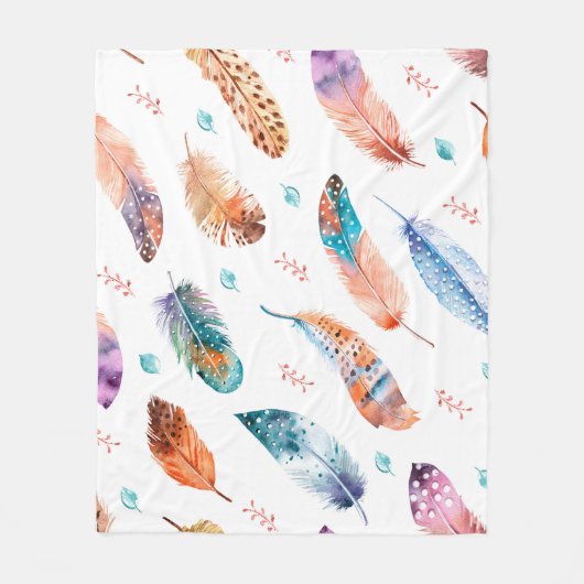 Naadloos patroon met handgetrokken veren op wit fleece deken (Voorkant)