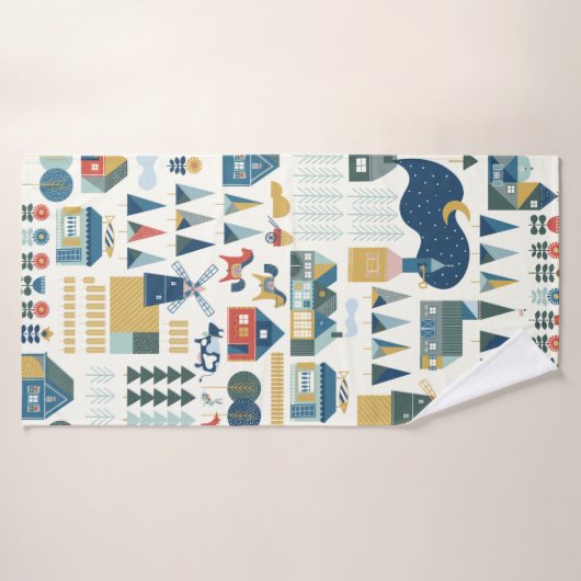 Naadloos patroon met het scandinavische dorp in he badhanddoek (Badhanddoek)