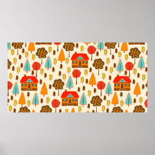 Naadloos patroon met huizen in het bos. Vintag Poster