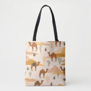 Naadloos patroon met kamelen, duinen en cacti's. S Tote Bag