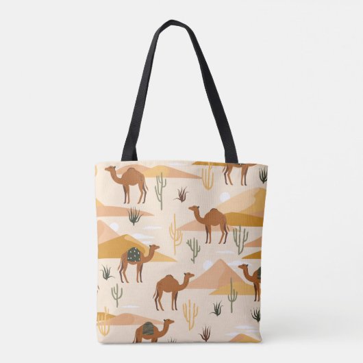 Naadloos patroon met kamelen, duinen en cacti's. S Tote Bag (Achterkant)