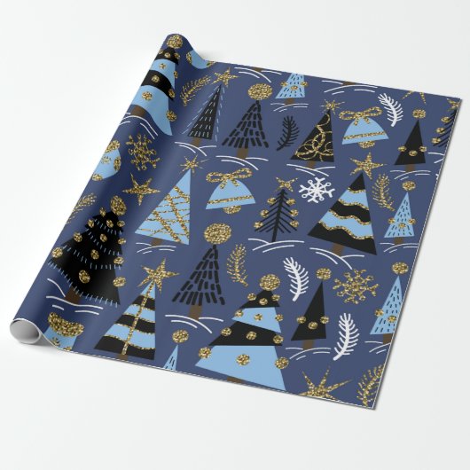 Naadloos patroon met kerstglitterbomen, bel cadeaupapier (Uitgerold)