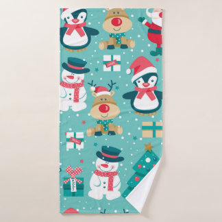 Naadloos patroon met kerstman, sneeuwman, hert, badhanddoek