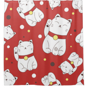 Naadloos patroon met Maneki-Neko-kattehand geteken Douchegordijn