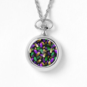 Naadloos patroon met Mardi Gras-veren Horloge