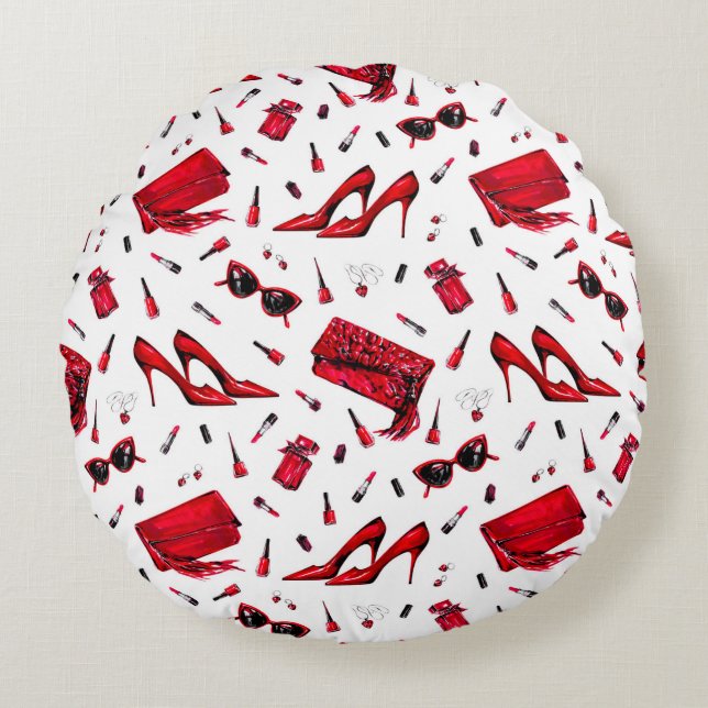 Naadloos patroon met meisjes in rode kleur rond kussen (Voorkant)