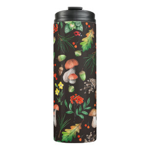 Naadloos patroon met paddenstoelen, noten, bladere thermosbeker