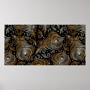 Naadloos patroon met pauwenveren. Vrije hand  Poster