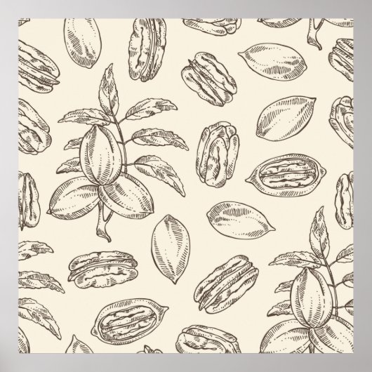 Naadloos patroon met pecan: pecannoten en -bladere poster (Voorkant)