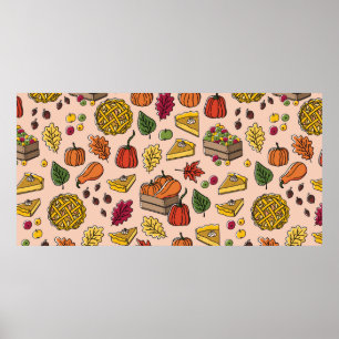 Naadloos patroon met pompoentaart, appeltaart en poster