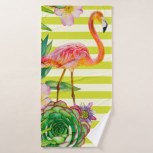 naadloos patroon met roze flamingo en exotische tr badhanddoek