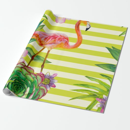 naadloos patroon met roze flamingo en exotische tr cadeaupapier (Uitgerold)