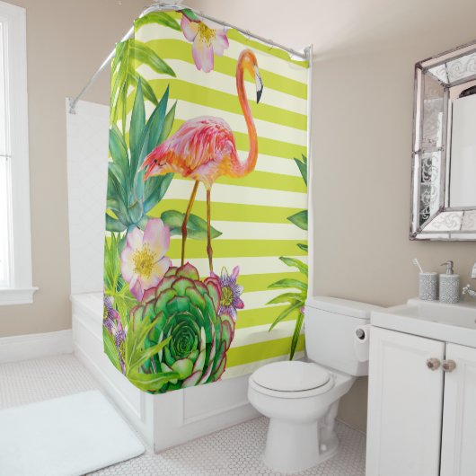 naadloos patroon met roze flamingo en exotische tr douchegordijn (In situ)