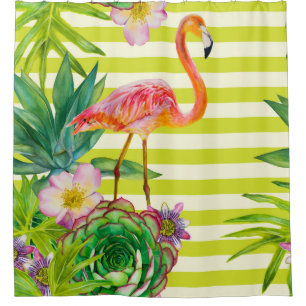 naadloos patroon met roze flamingo en exotische tr douchegordijn