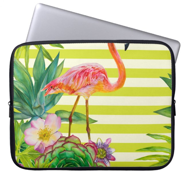 naadloos patroon met roze flamingo en exotische tr laptop sleeve (Voorkant)