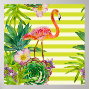 naadloos patroon met roze flamingo en exotische tr poster