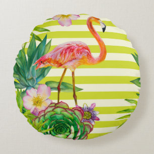 naadloos patroon met roze flamingo en exotische tr rond kussen