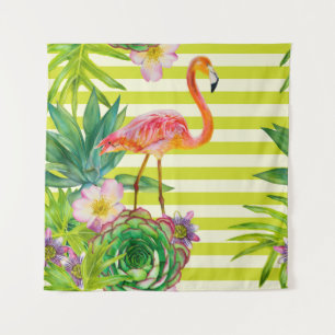 naadloos patroon met roze flamingo en exotische tr wandkleed