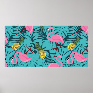 Naadloos patroon met roze flamingos en groene pal poster