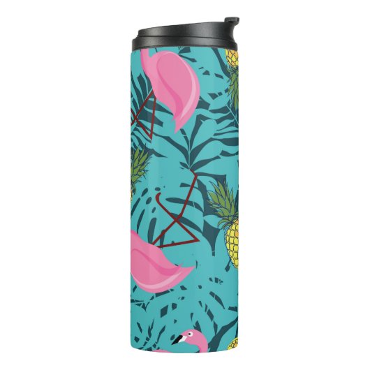 Naadloos patroon met roze flamingos en groene pal thermosbeker (Gedraaid links)