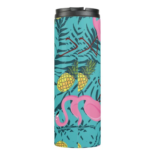 Naadloos patroon met roze flamingos en groene pal thermosbeker (Achterkant)