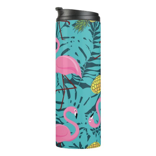Naadloos patroon met roze flamingos en groene pal thermosbeker (Geroteerd rechts)