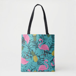 Naadloos patroon met roze flamingos en groene pal tote bag