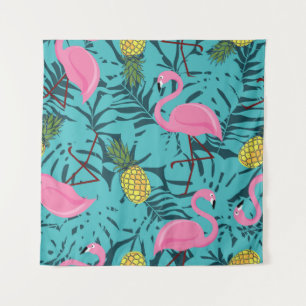 Naadloos patroon met roze flamingos en groene pal wandkleed