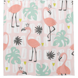 Naadloos patroon met roze flamingos en palmlev douchegordijn