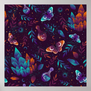 Naadloos patroon met ruimtevlinder, kristallen, h poster