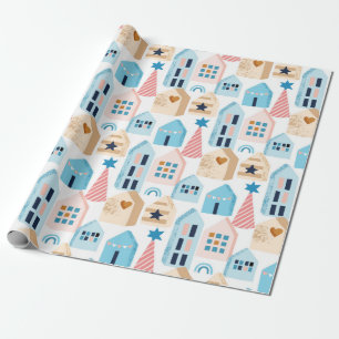 Naadloos patroon met Scandinavische huizen op wit Cadeaupapier