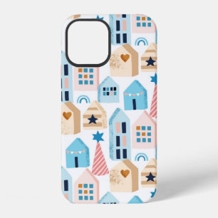 Naadloos patroon met Scandinavische huizen op wit iPhone 12 Hoesje