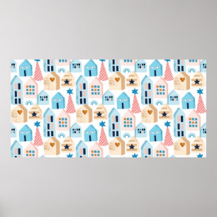 Naadloos patroon met Scandinavische huizen op wit Poster