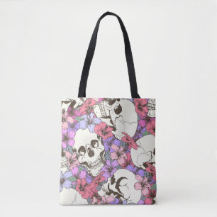 Naadloos patroon met schedelspieren, bloemen tote bag