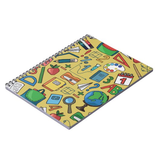 Naadloos patroon met schoolbenodigdheden op geel notitieboek (Linkerzijde)