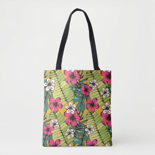 Naadloos patroon met tropische bloemen, palmverlof tote bag (Voorkant)