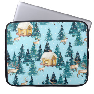 Naadloos patroon met winterdorp in het bos laptop sleeve