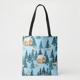 Naadloos patroon met winterdorp in het bos tote bag