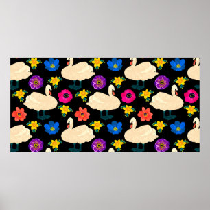 Naadloos patroon met zwanen en bloemen, handtekeni poster
