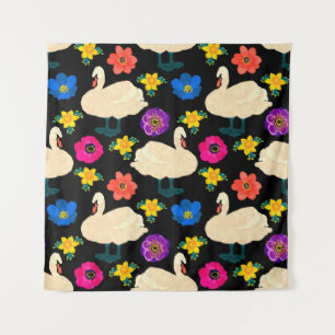 Naadloos patroon met zwanen en bloemen, handtekeni wandkleed