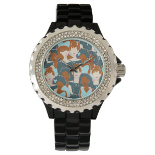 Naadloos patroon met zwarte meisjes en witte meisj horloge