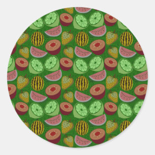 Naadloos patroon tropische vruchten en groene acht ronde sticker
