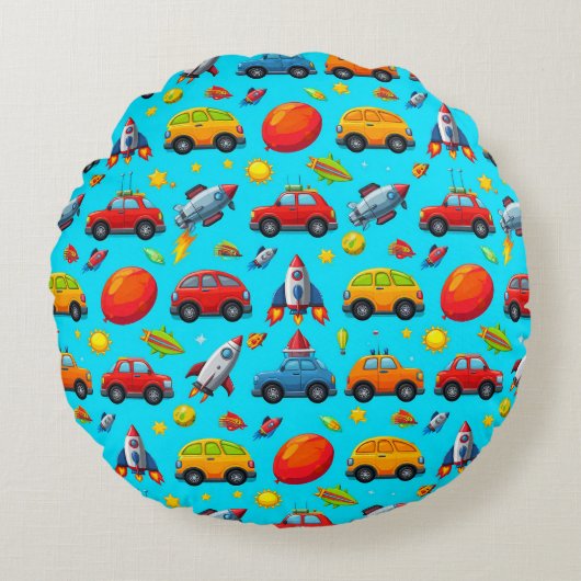 Naadloos patroon van auto's, raketten en sterren rond kussen (Voorkant)