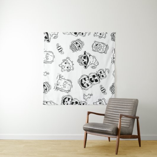 Naadloos patroon van halloween-iconen met handteke wandkleed (In Situ (horizontaal))