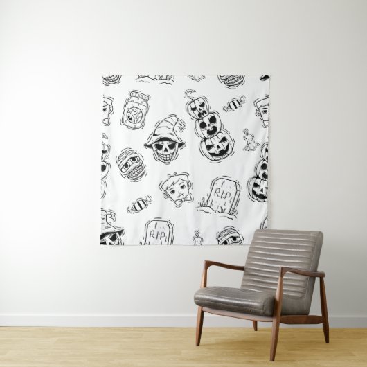 Naadloos patroon van halloween-iconen met handteke wandkleed (In situ)