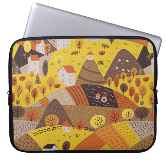  naadloos patroon van het herfstdorpslandschap laptop sleeve (Voorkant)