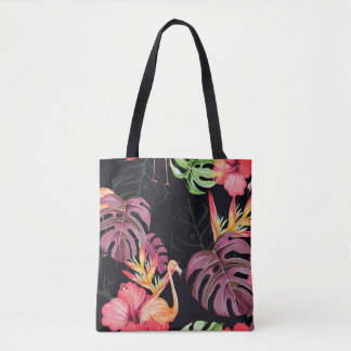 Naadloos patroon van hibiscus flower, flamingos en tote bag