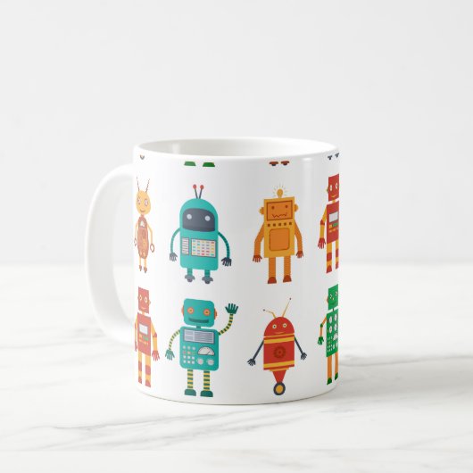 Naadloos patroon van kleurrijke retro robots in a koffiemok (Voorkant links)